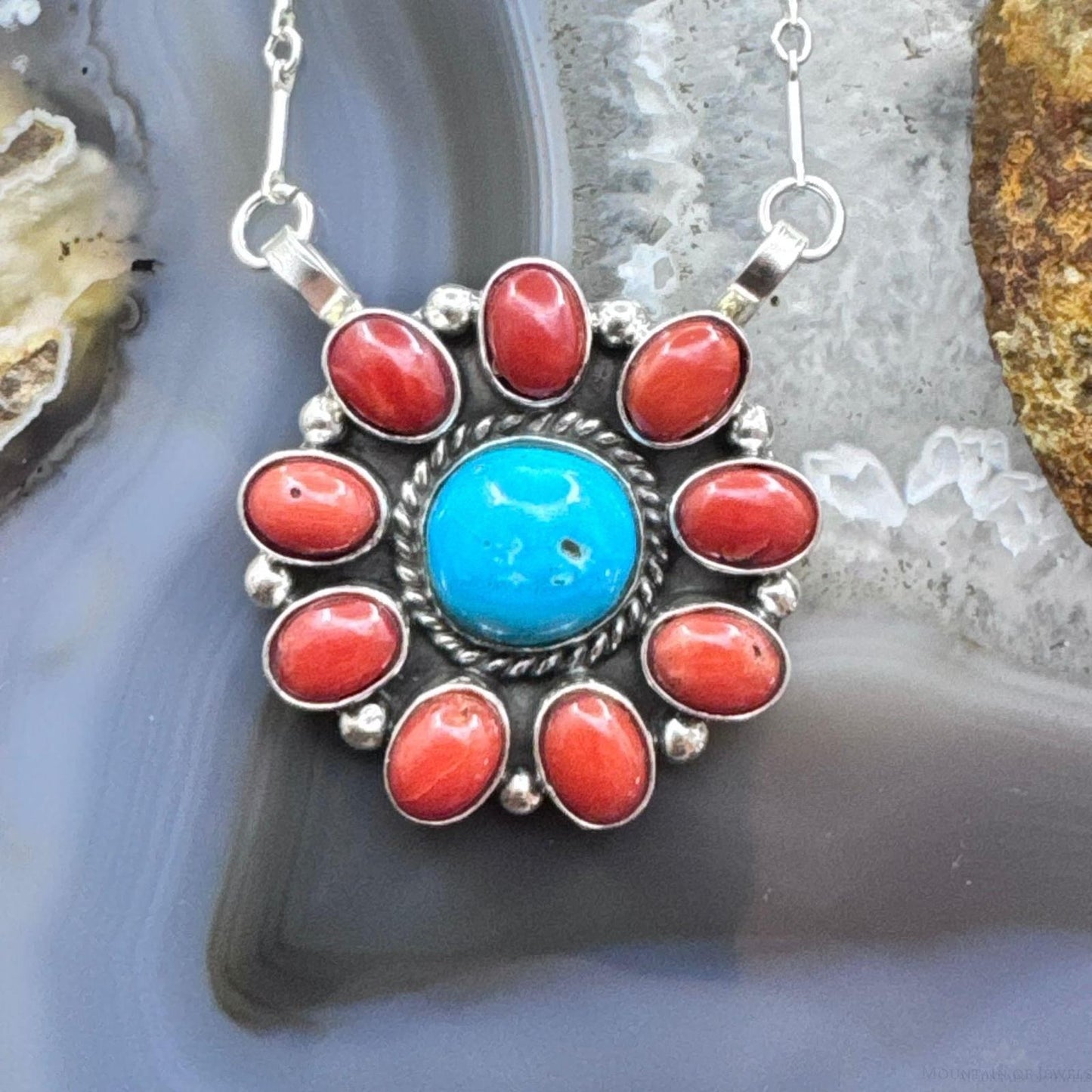 Native American Sterling Silver Round Turquoise W/Oval Coral Cluster Pendant W/Necklace For Women
