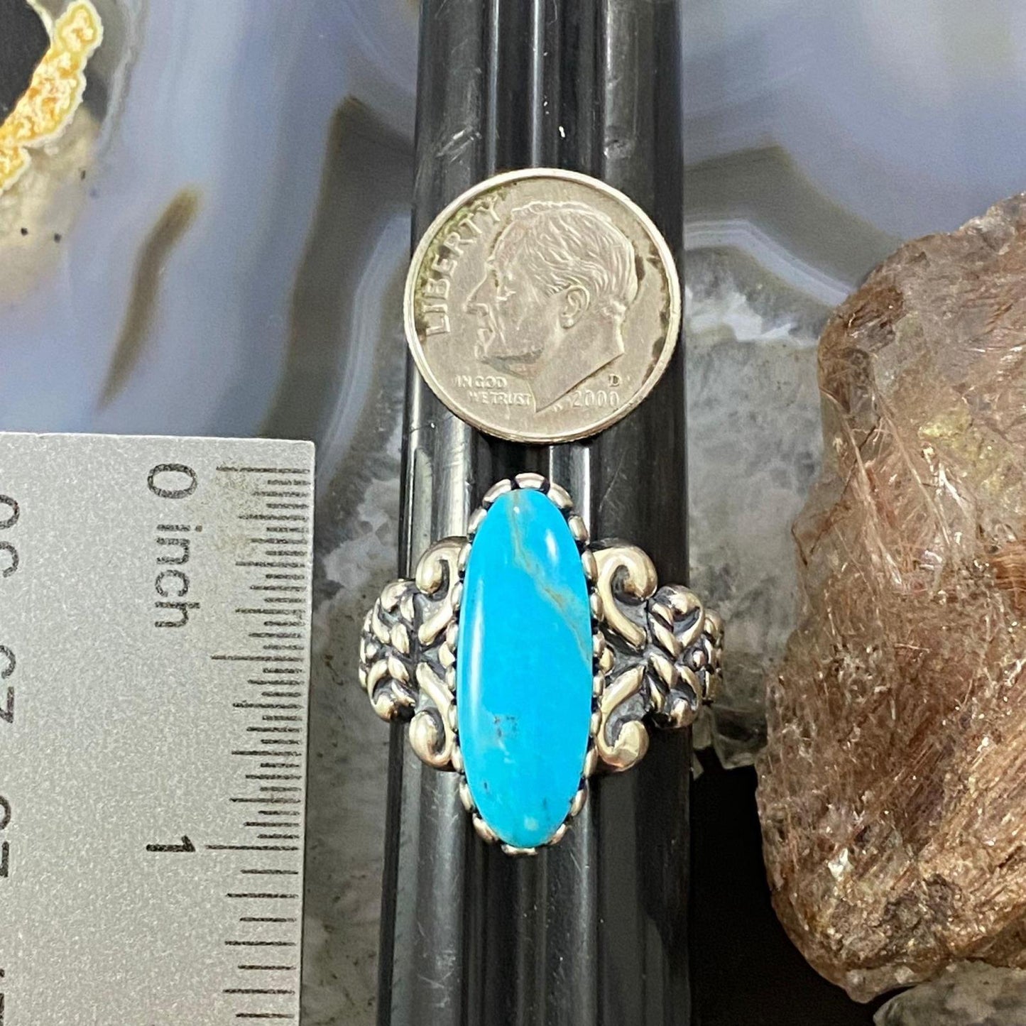 Carolyn Pollack Southwestern Style Sterling Silver Oval Blue Turquoise Decorated Ring For Women