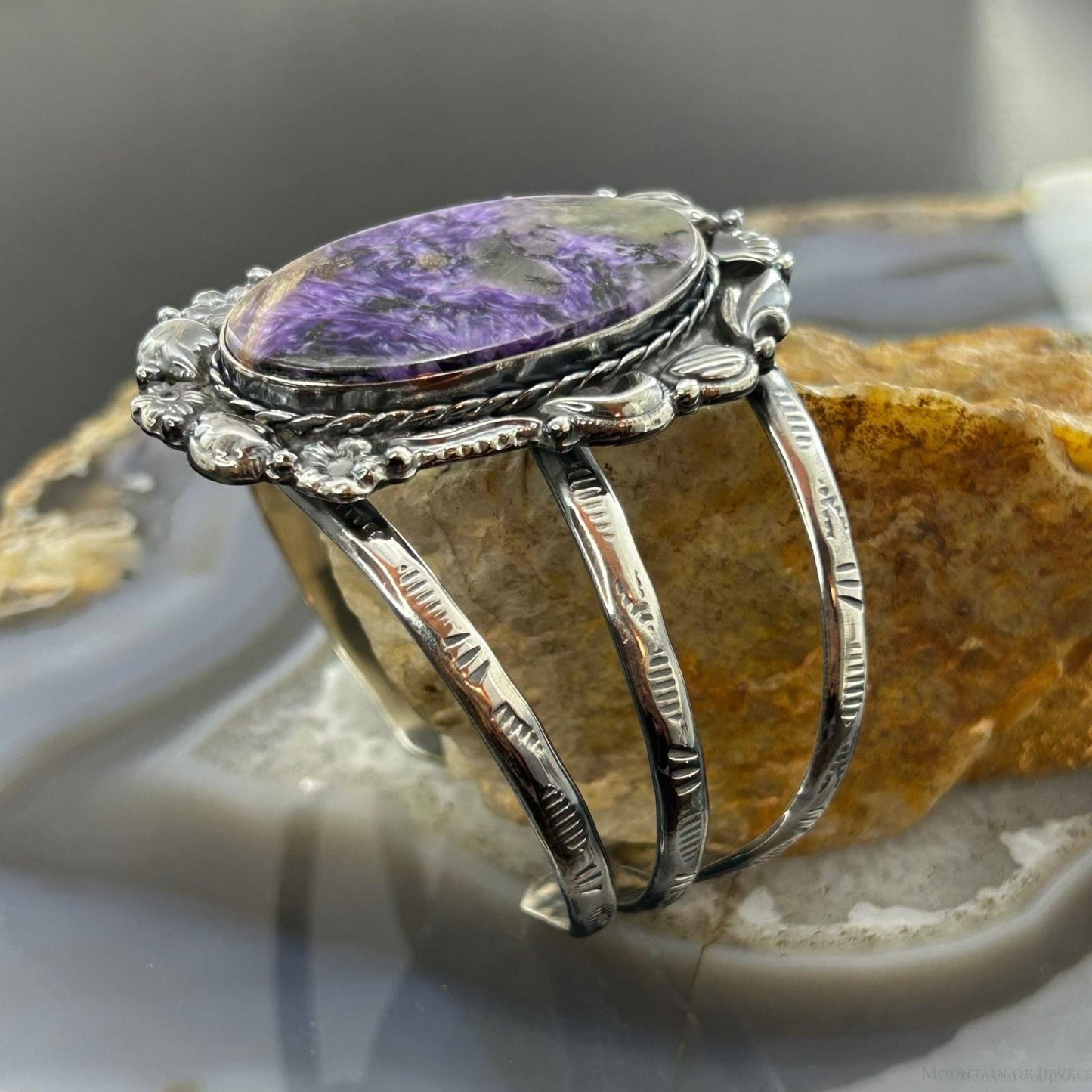 Sterling Silver Southwestern Style Oval Charoite Decorated Bracelet For Women