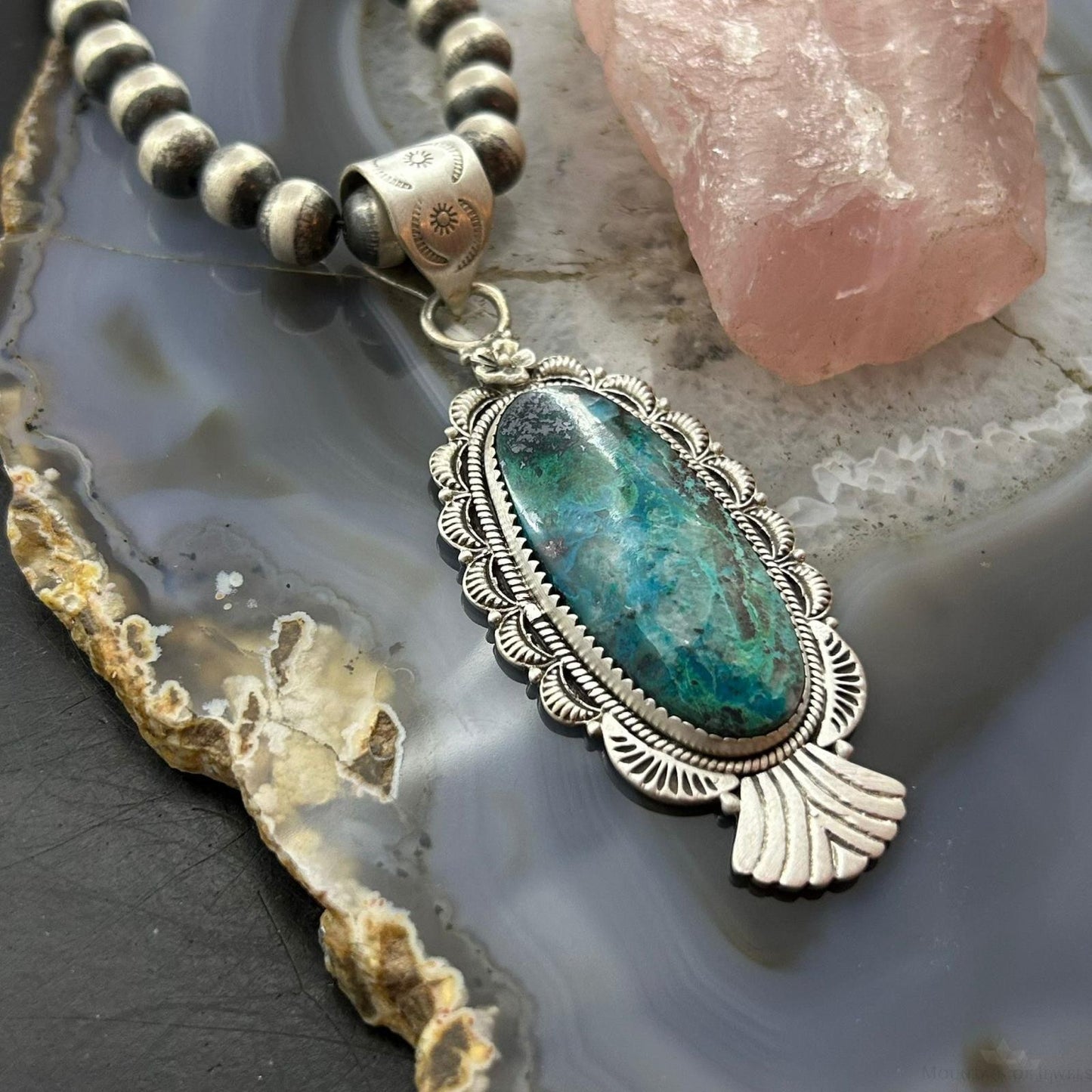 Sterling Silver Southwestern Style Oval Shattuckite Decorated Pendant For Women