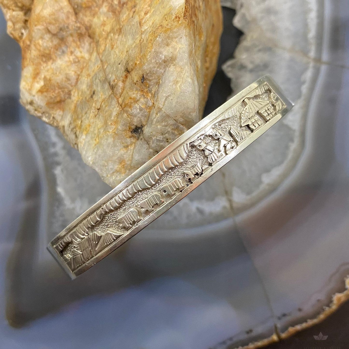 Signed Vintage Native American Sterling Silver Pueblo Life Storyteller Bracelet