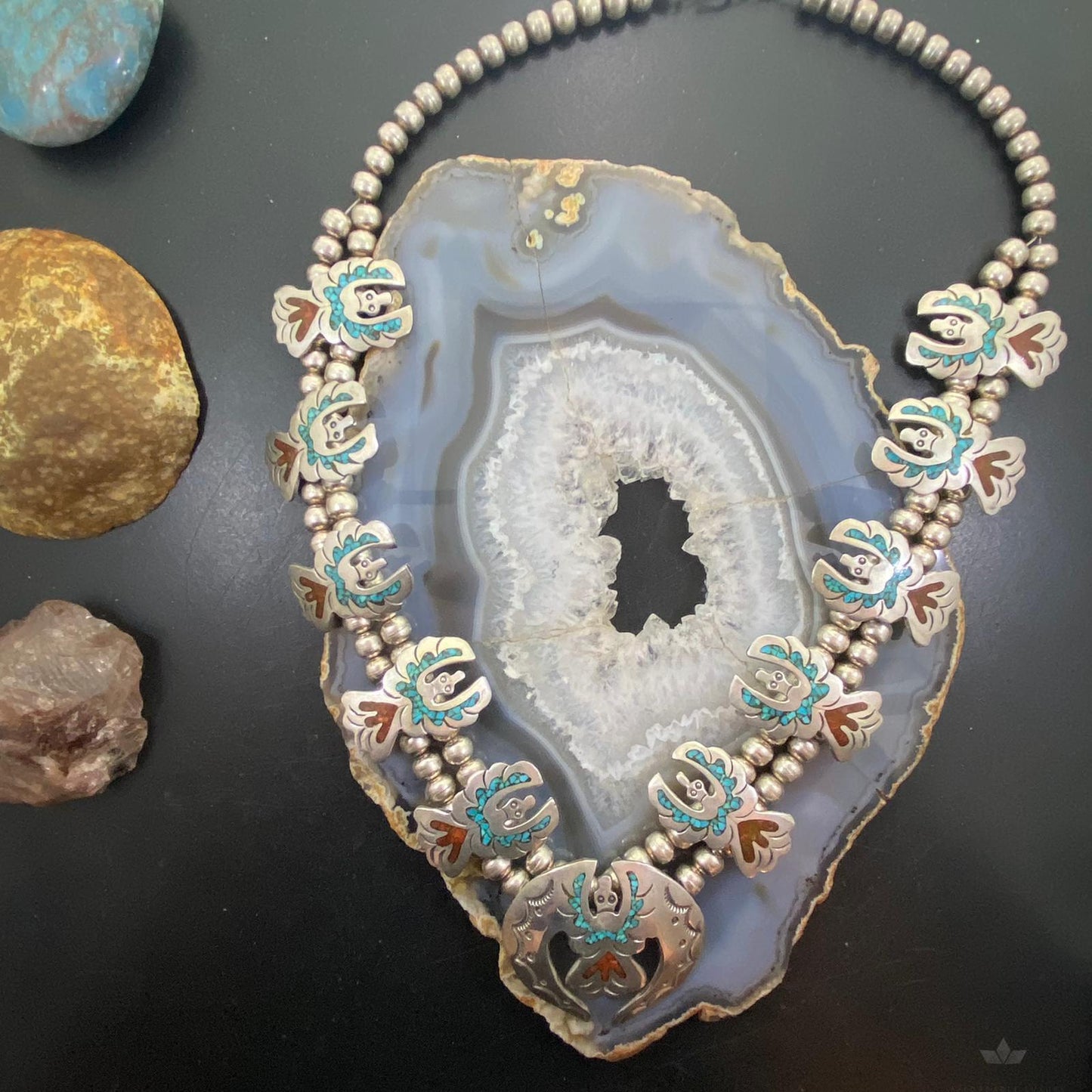 Vintage Native American Silver Chip Inlay Thunderbird Squash Blossom Necklace