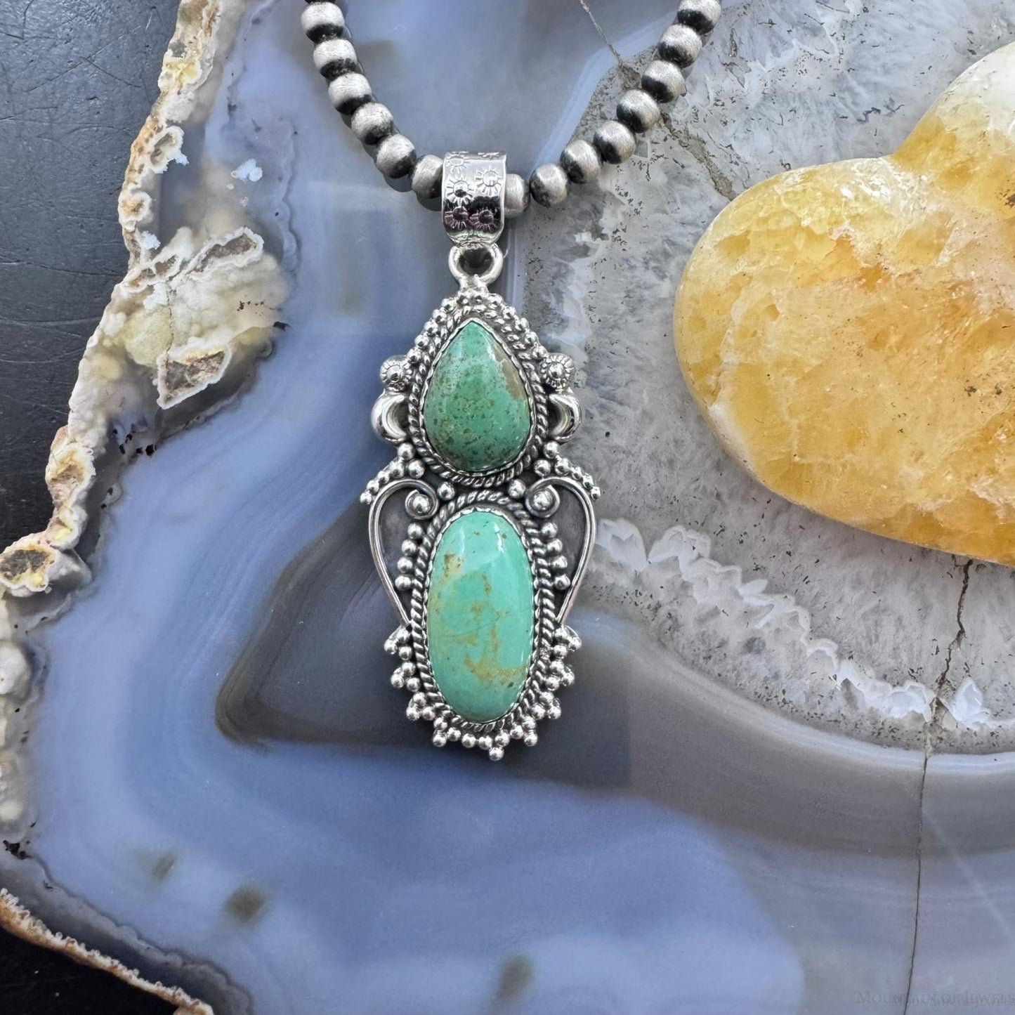 Sterling Silver Southwestern Style 2 Green Turquoise Decorated Pendant For Women