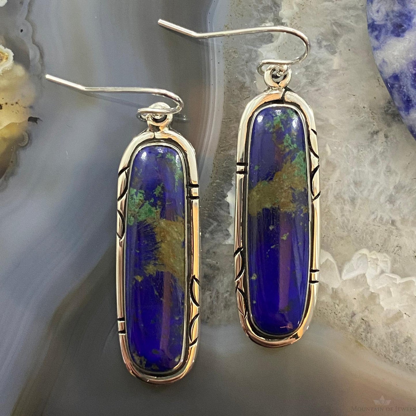 Native American Sterling Silver Oval Azurite Malachite Dangle Earrings For Women