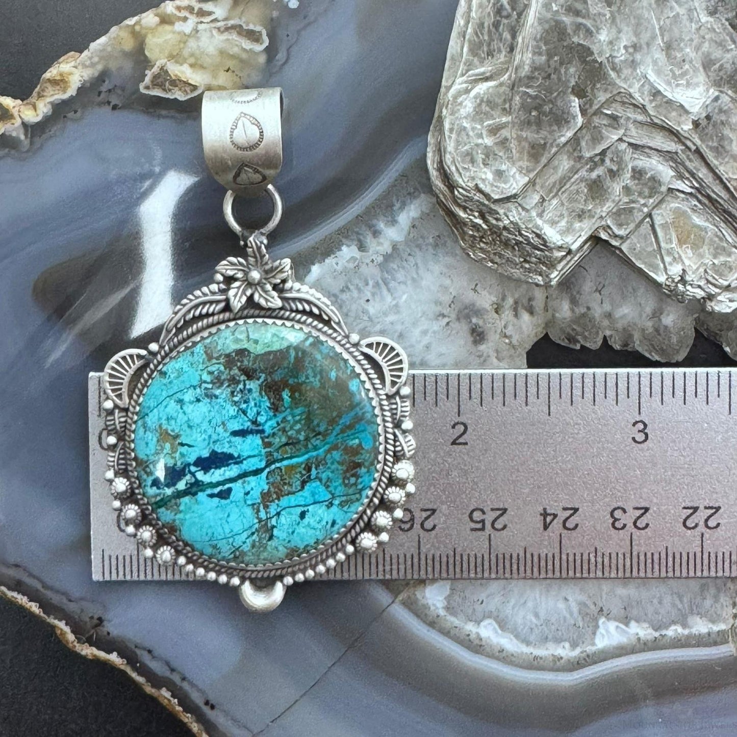 Sterling Silver Southwestern Style Large Round Chrysocolla Decorated Pendant For Women