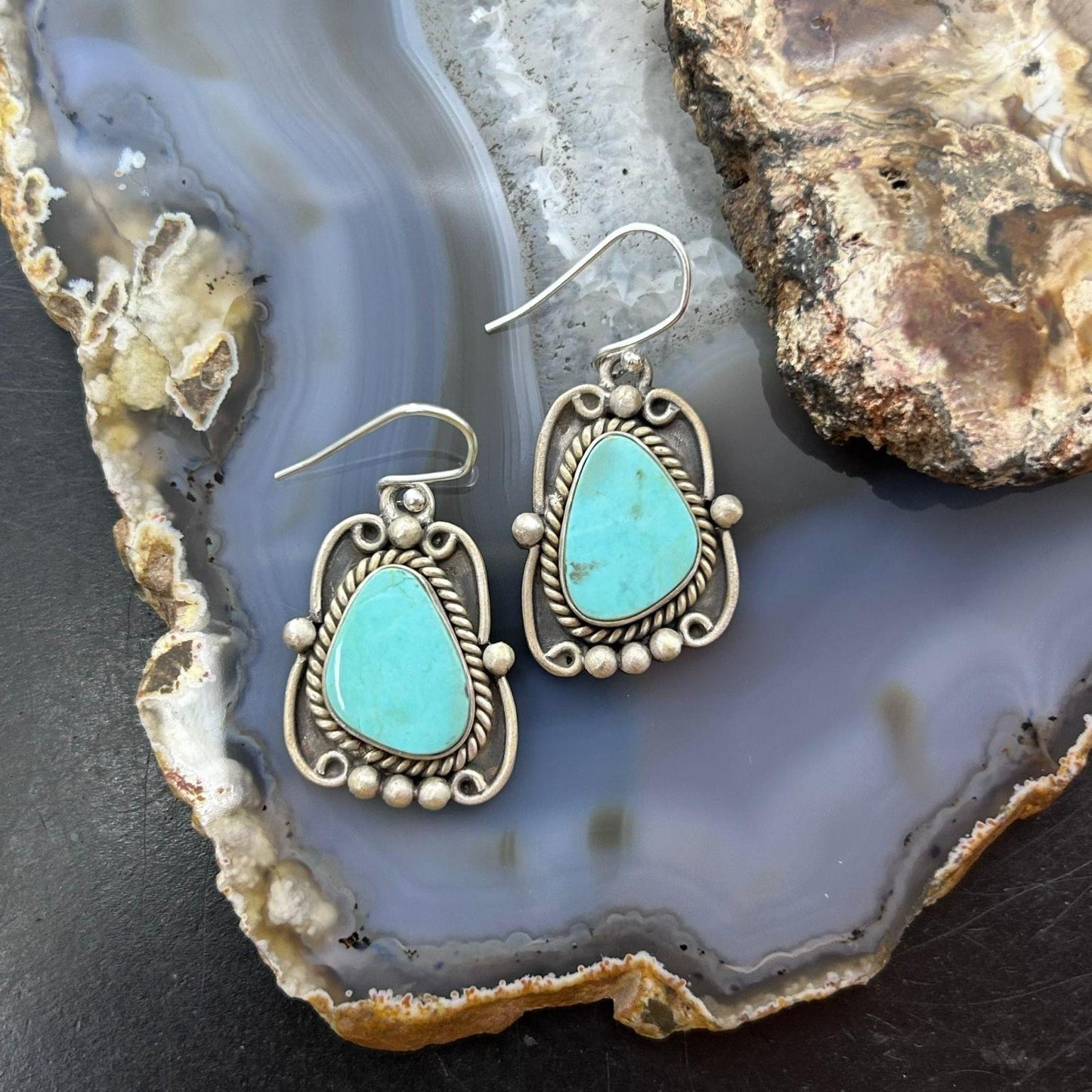 Sterling Silver Southwestern Style Turquoise Decorated Dangle Earrings For Women #1