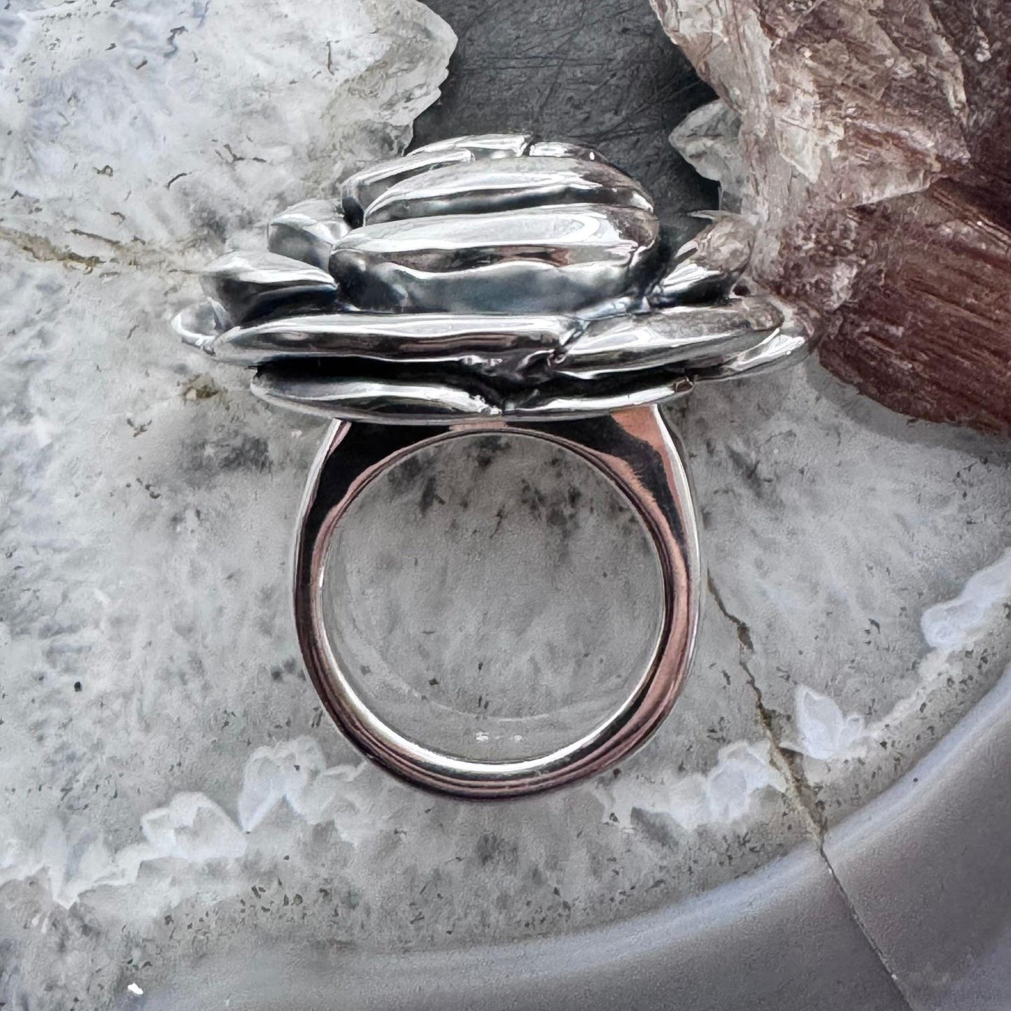 Sterling Silver Electroform Large Rose Fashion Ring For Women, Taxco Mexico