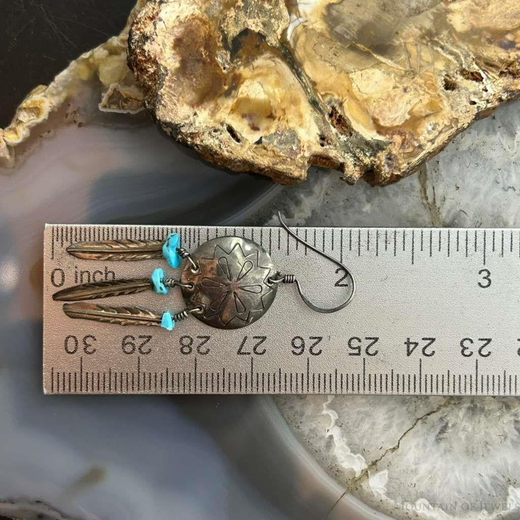 Vintage Native American Silver Turquoise w/Feather Dangle Earrings For Women