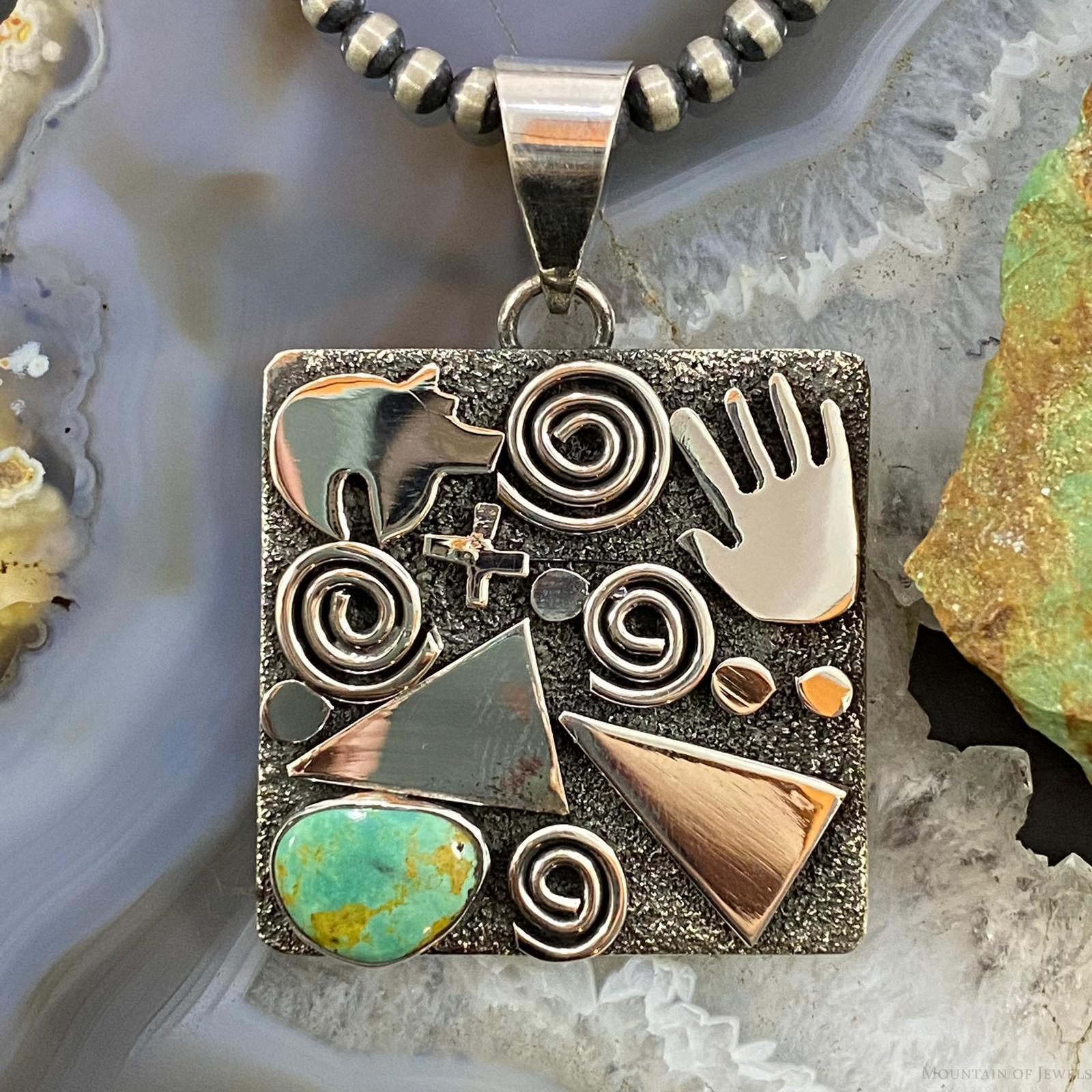 Alex Sanchez Sterling Silver Turquoise Square Petroglyph Unisex Pendant