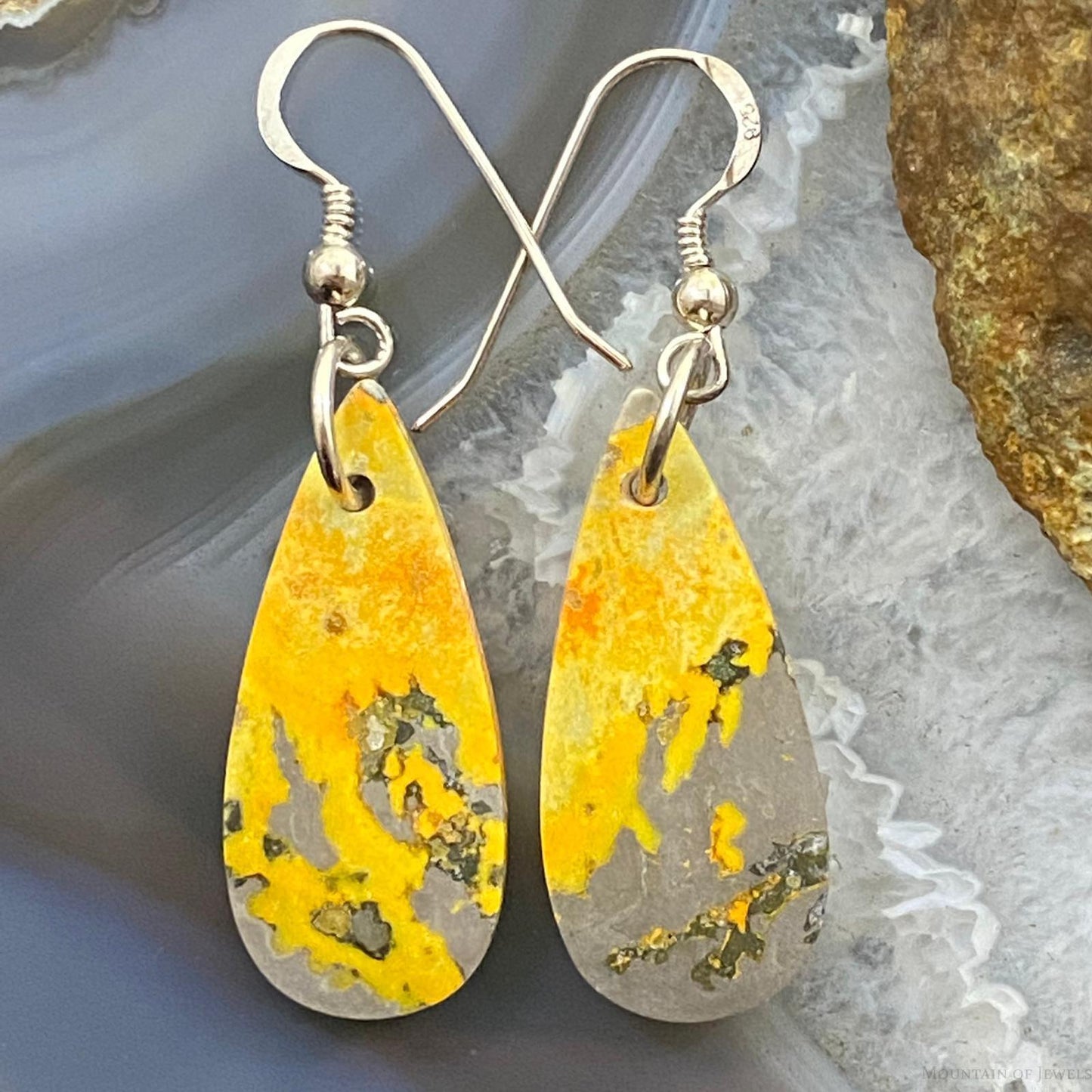 Sterling Silver Teardrop Bumblebee Jasper Slab Dangle Earrings For Women #032