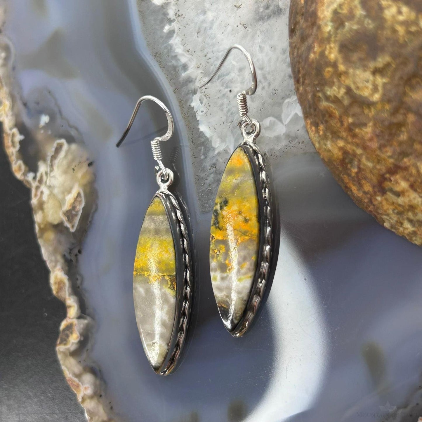 Sterling Silver Southwestern Style Marquise Yellow Jasper Dangle Earrings For Women