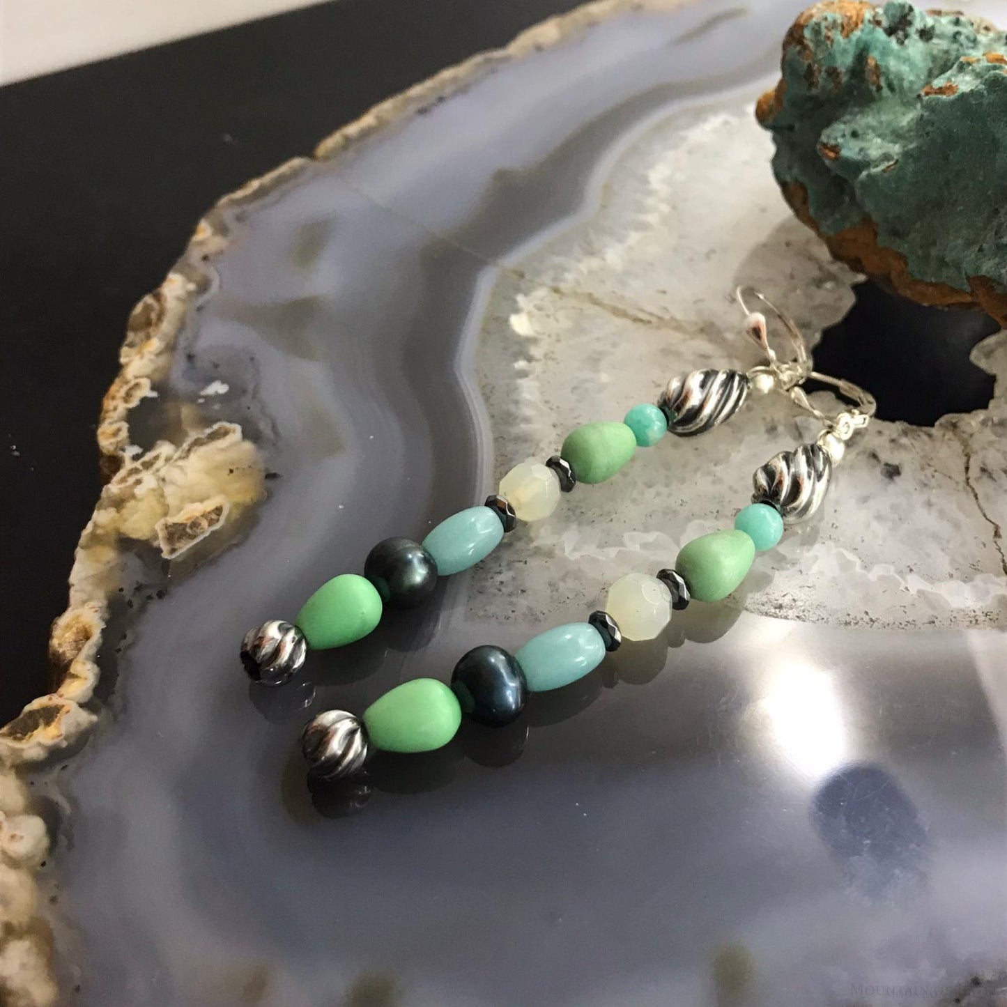Carolyn Pollack Sterling Silver Amazonite, Variscite, Quartz & Pearl Dangle Earrings For Women