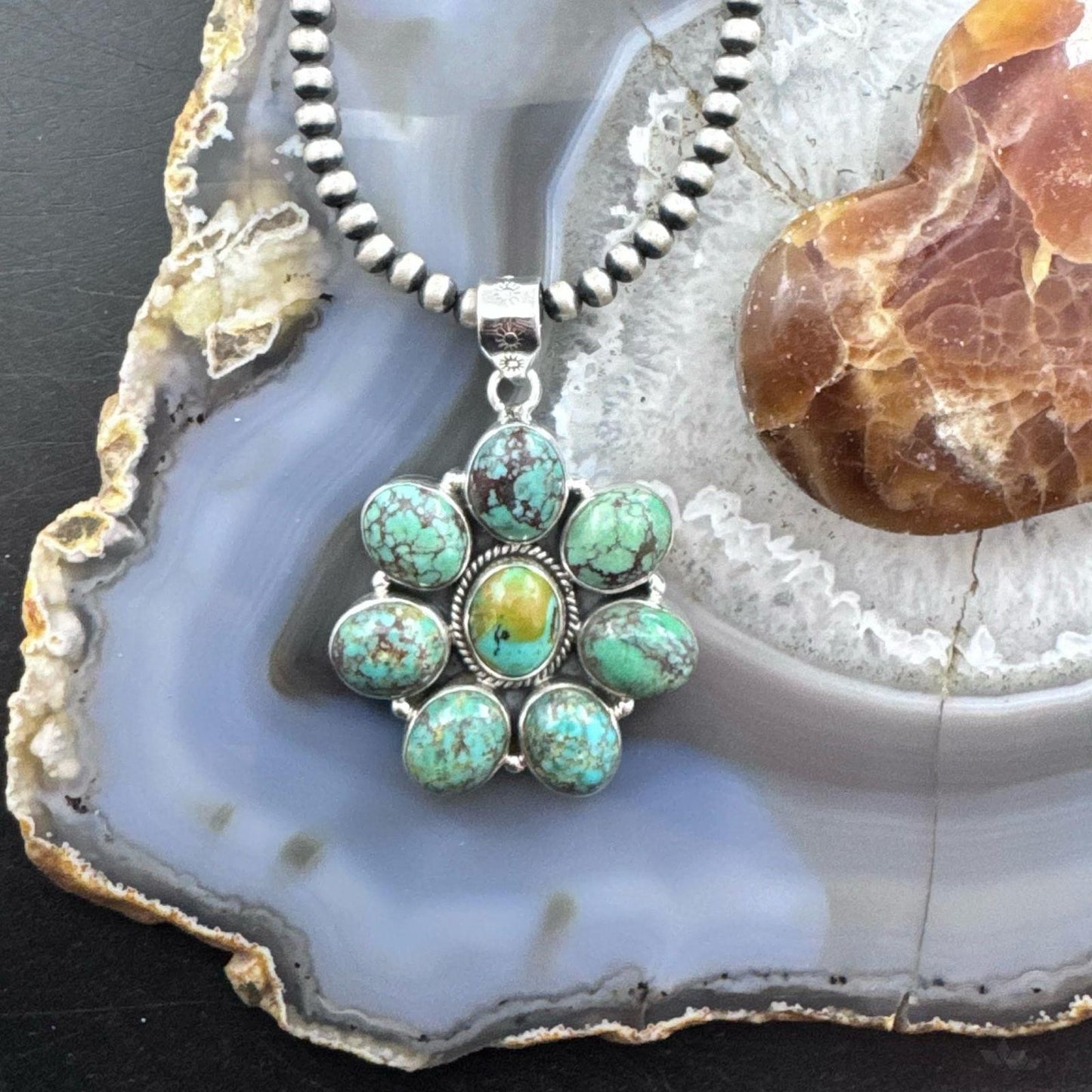 Sterling Silver Southwestern Style Oval Turquoise Cluster Pendant For Women