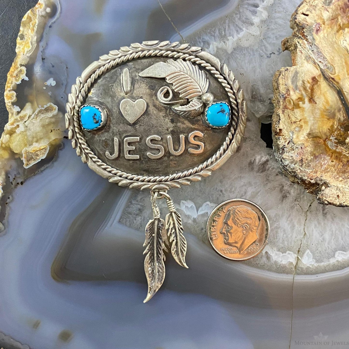 Vintage Signed Native American Sterling Silver Turquoise "I Love Jesus" Brooch