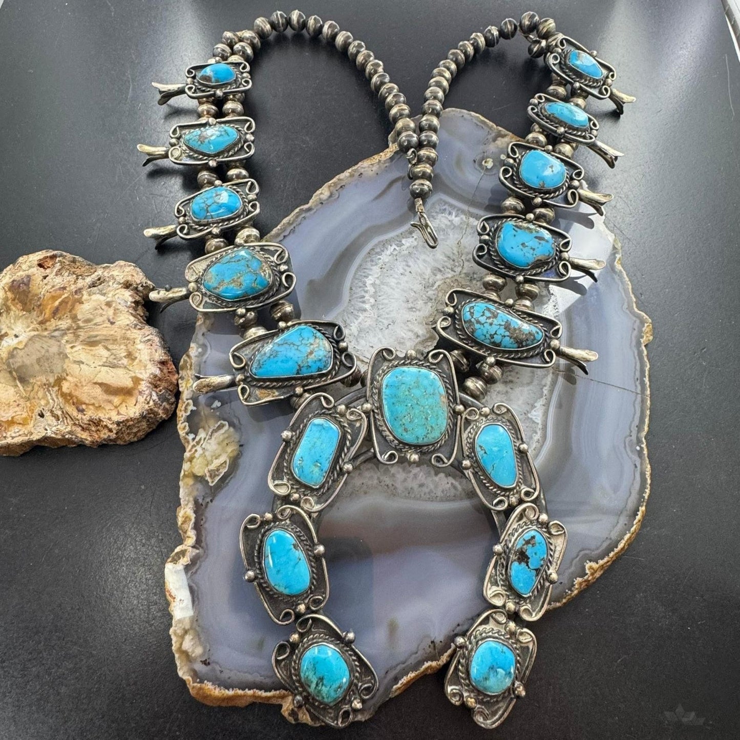 Vintage Native American Silver Matrix Turquoise 24" Squash Blossom Necklace For Women