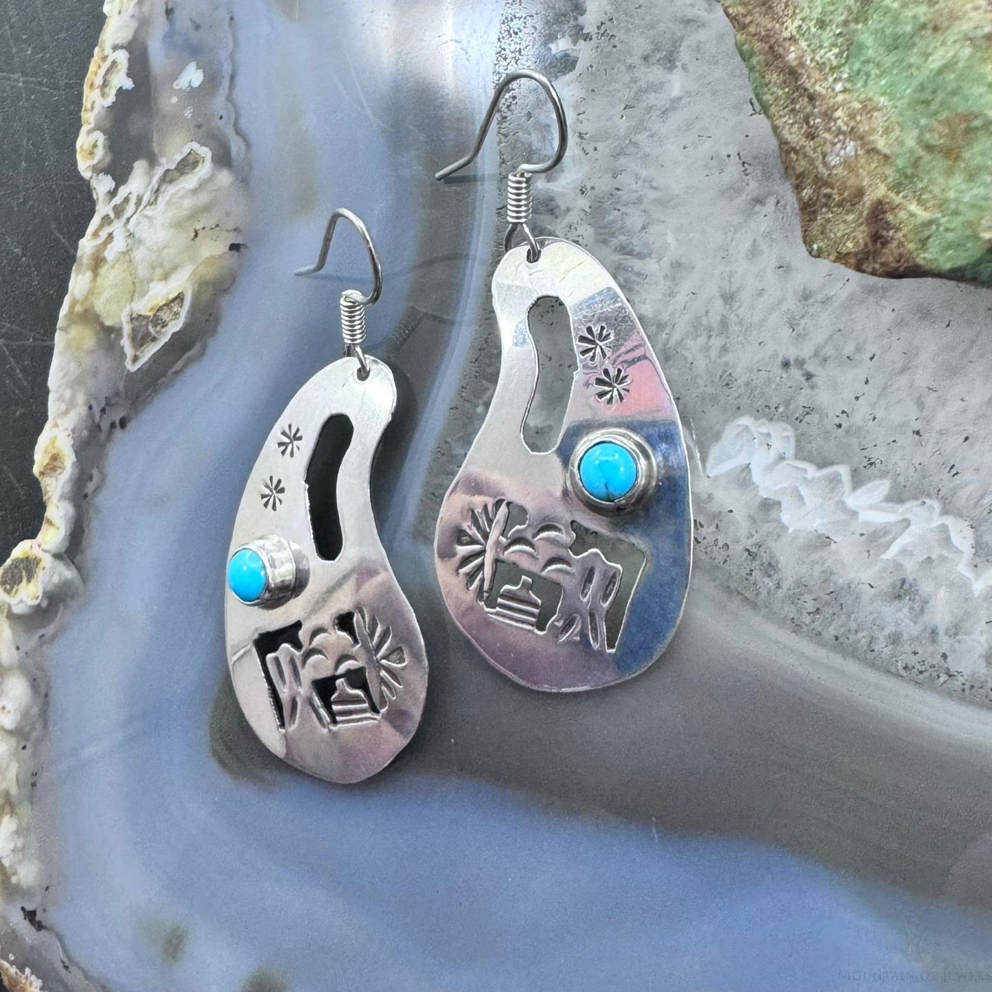 Native American Sterling Silver Cutout SW Motifs w/Turquoise Dangle Earrings For Women