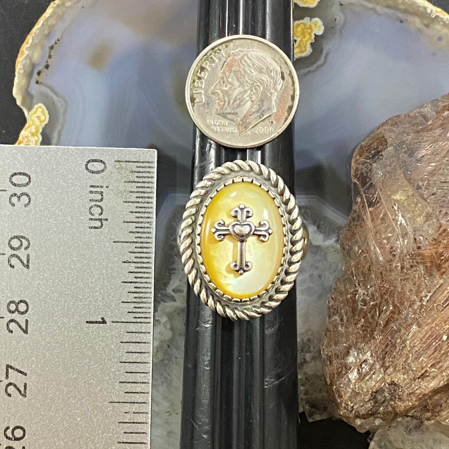 Carolyn Pollack Southwestern Style Sterling Silver Oval Gold Mother of Pearl Cross Ring Size 5 & 7.5 For Women