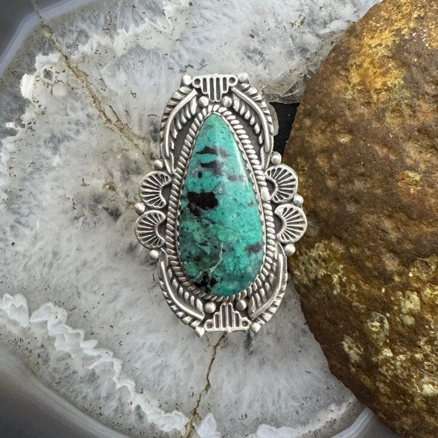 Sterling Silver Southwestern Style Teardrop Turquoise Decorated Adjustable Ring For Women