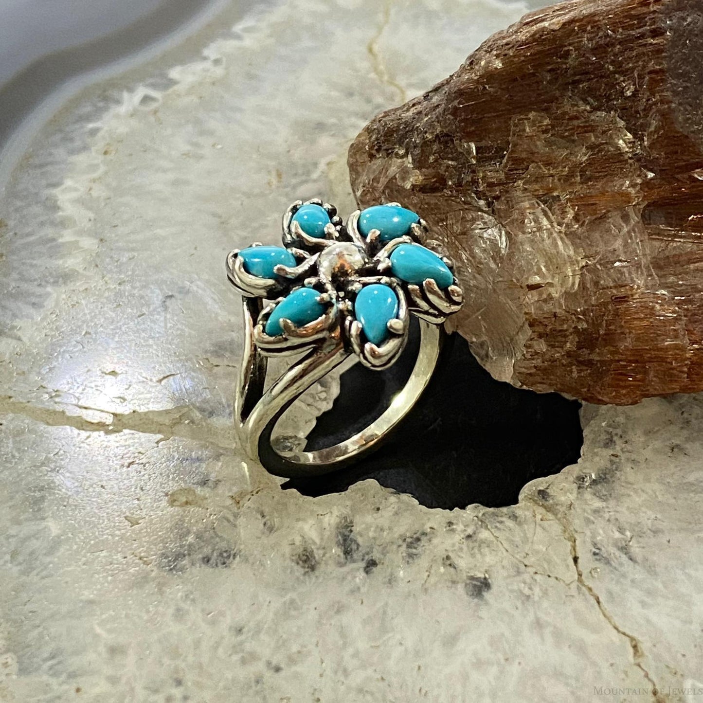 Carolyn Pollack Southwestern Style Sterling Sleeping Beauty Turquoise Flower Cluster Ring For Women