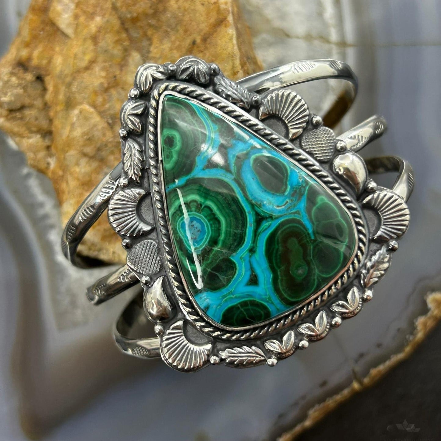 Sterling Silver Southwestern Style Teardrop Malachite Azurite Bracelet For Women
