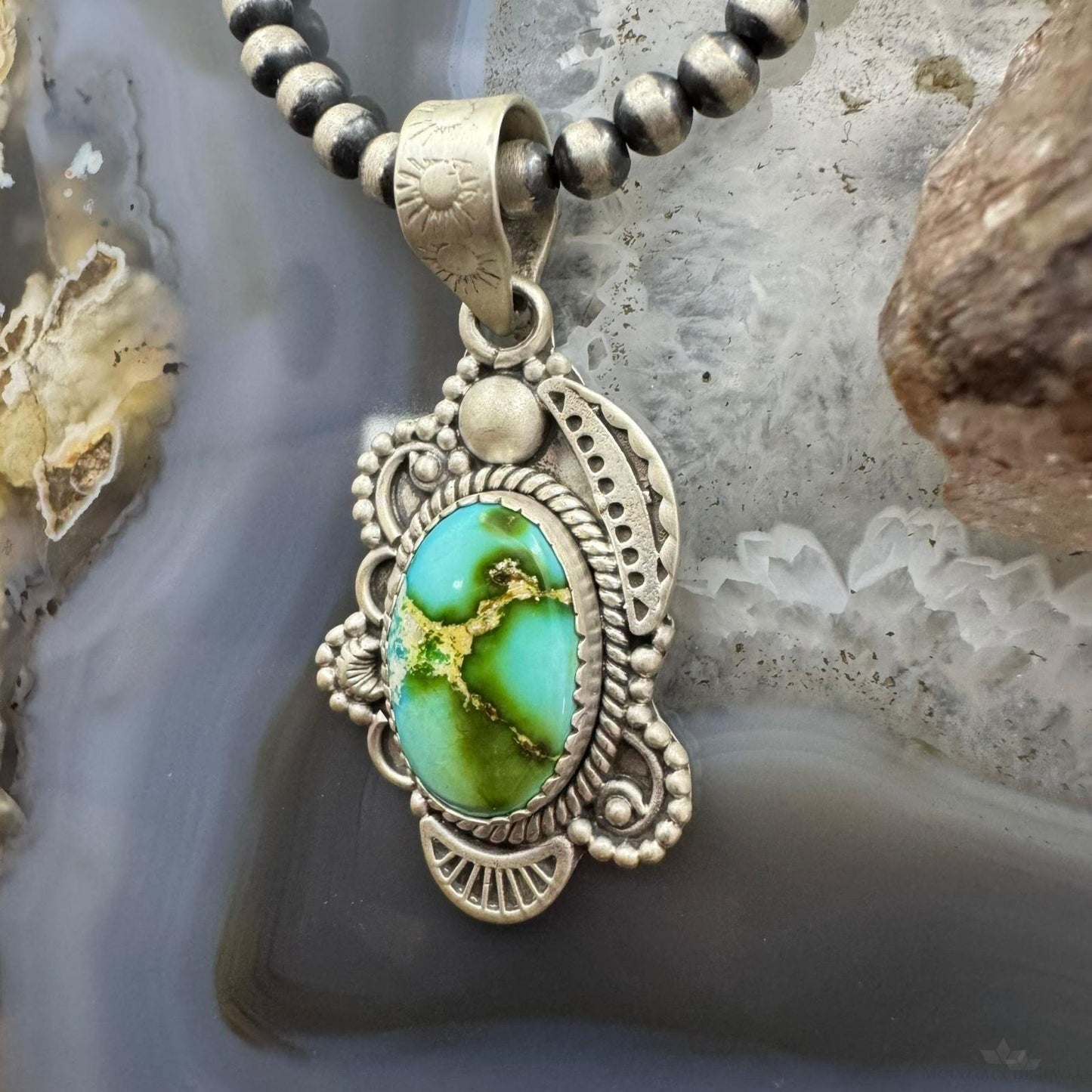 Sterling Silver Southwestern Style Oval Sonora Gold Turquoise Pendant For Women