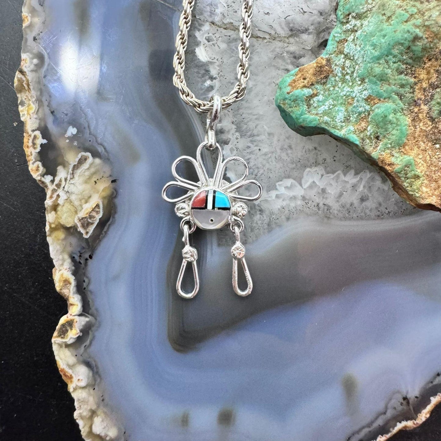 Ola Eriacho Zuni Sterling Silver Multistone Inlay Sunburst Pendant For Women