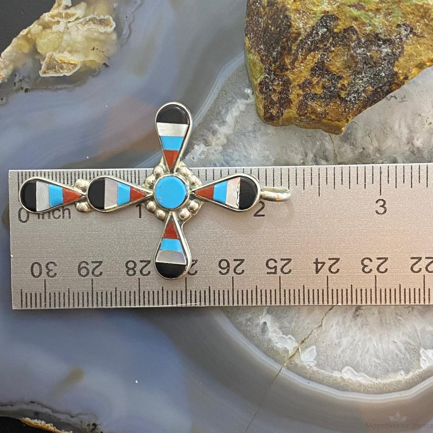 Floenda Lonasee Zuni Sterling Silver Multi Stone Inlay Unisex Cross Pendant #1