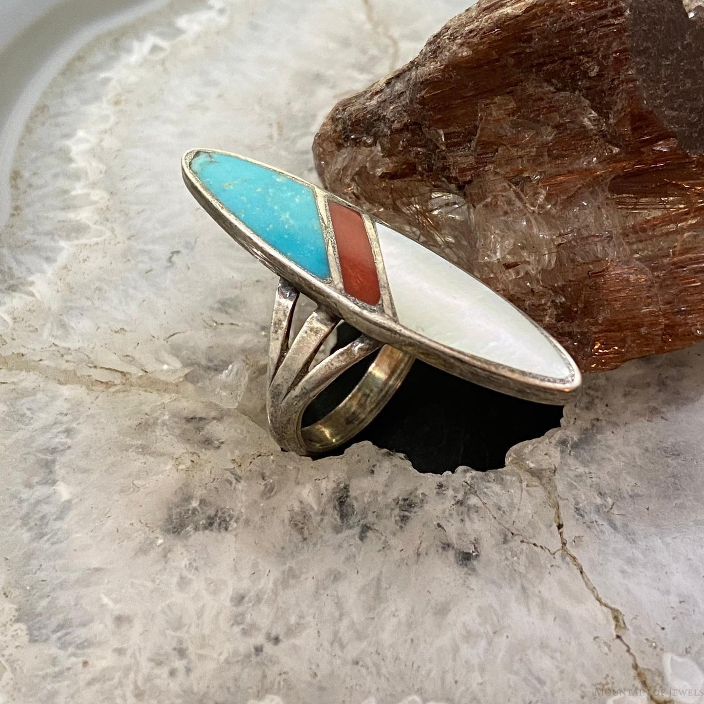 Vintage Native American Silver Marquise Multi Stone Channel Inlay Ring Size 7