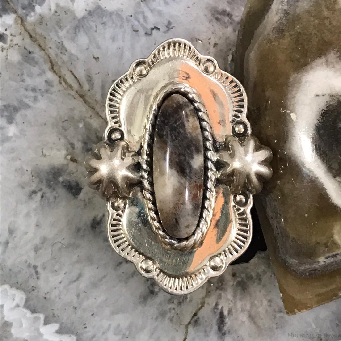Carolyn Pollack Sterling Silver Marquise Jasper Decorated Ring Size 6 For Women