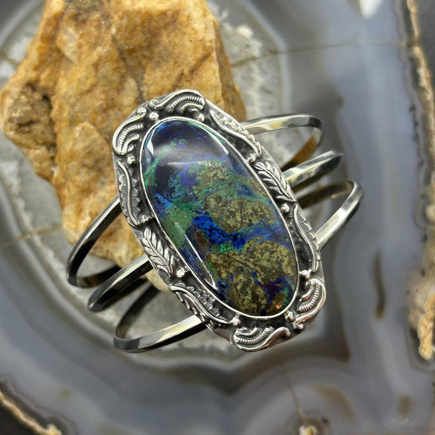Sterling Silver Southwestern Style Large Oval Azurite Malachite Bracelet For Women