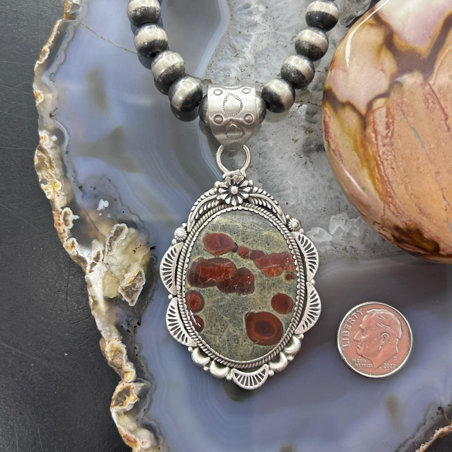 Sterling Silver Southwestern Style Oval Peanut Obsidian Decorated Pendant For Women