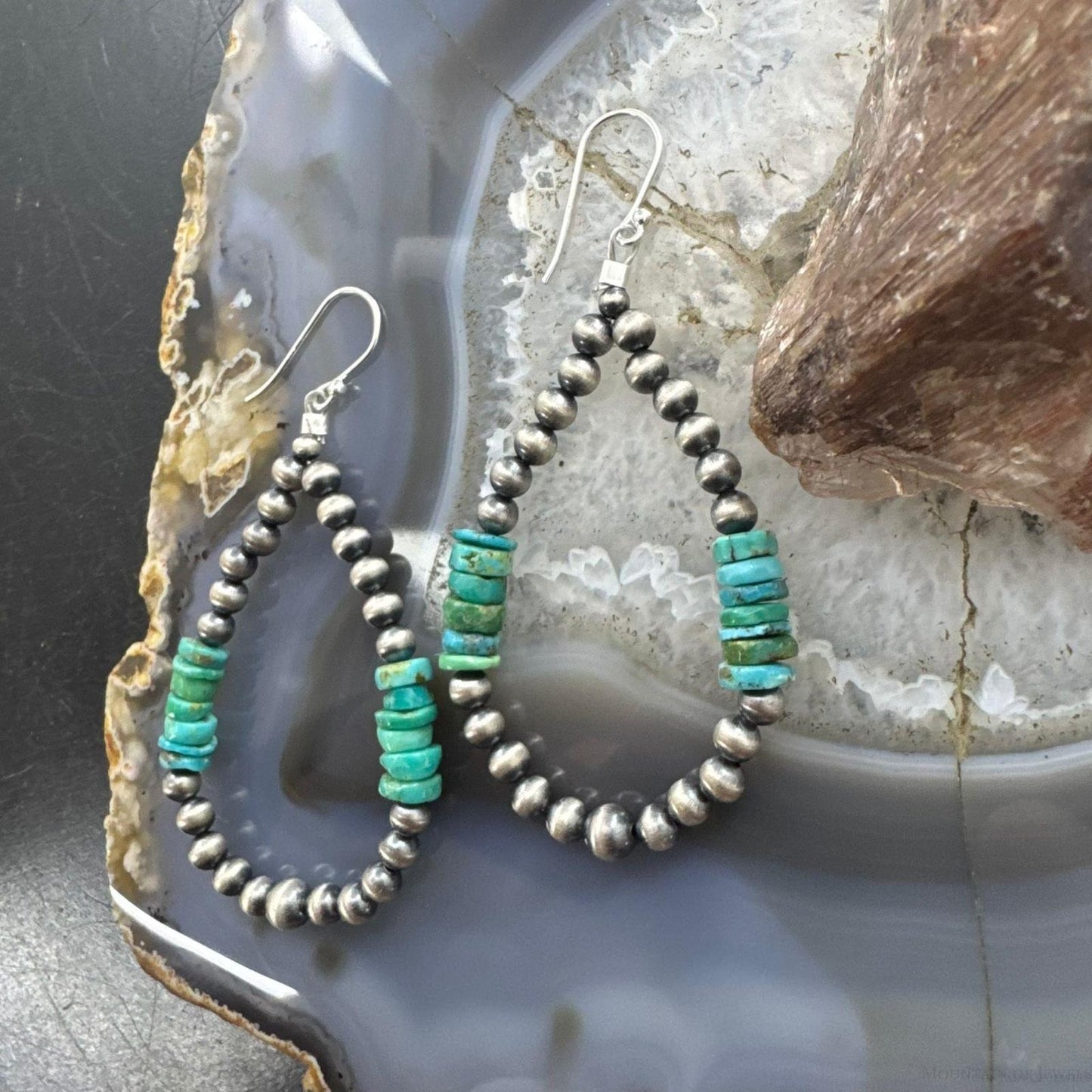 Sterling Silver 4mm Navajo Pearl Southwester Style & 6mm Turquoise Bead Hoop Earrings For Women
