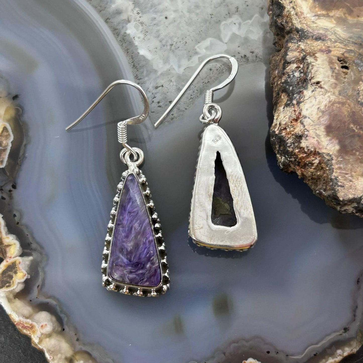Sterling Silver Southwestern Style Triangle Charoite Dangle Earrings For Women
