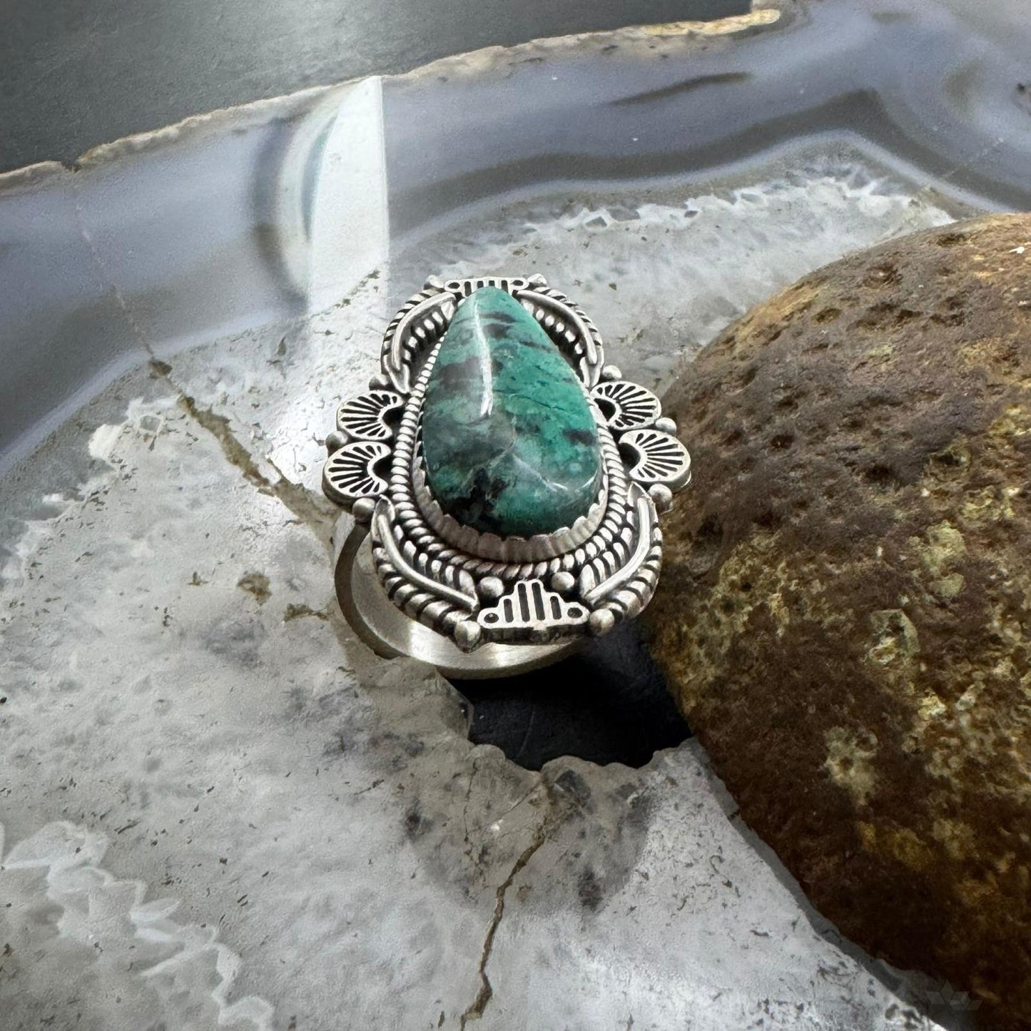 Sterling Silver Southwestern Style Teardrop Turquoise Decorated Adjustable Ring For Women