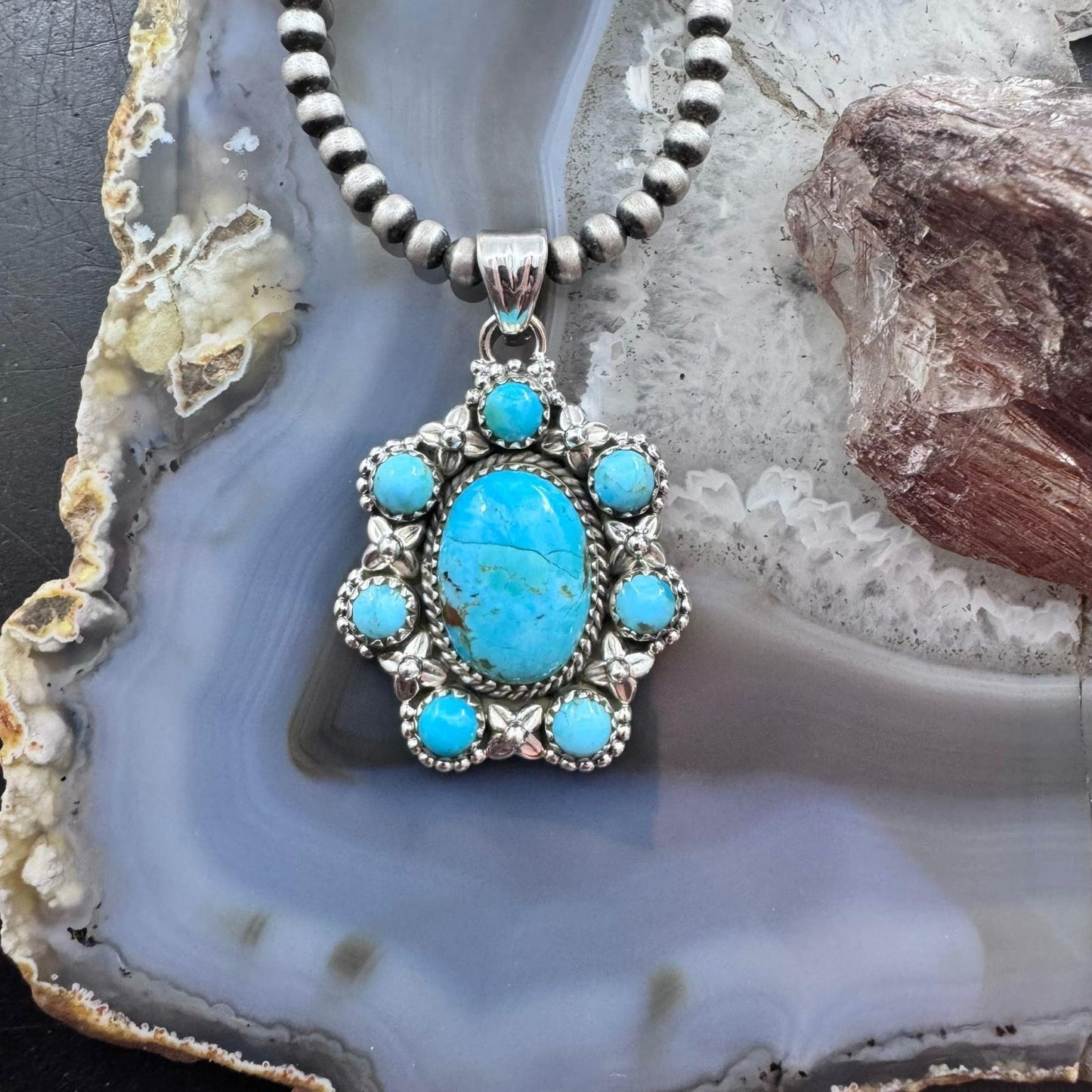 Sterling Silver Southwestern Style Composite American Turquoise Cluster Pendant