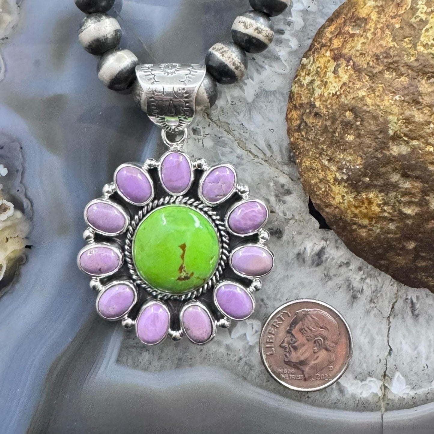 Native American Sterling Silver Green Turquoise w/Phosphosiderite Pendant For Women