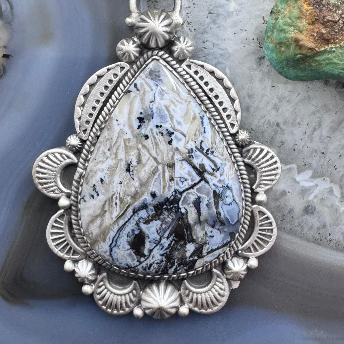 Sterling Silver Southwestern Style Wide Teardrop Dendritic Agate Decorated Pendant For Women