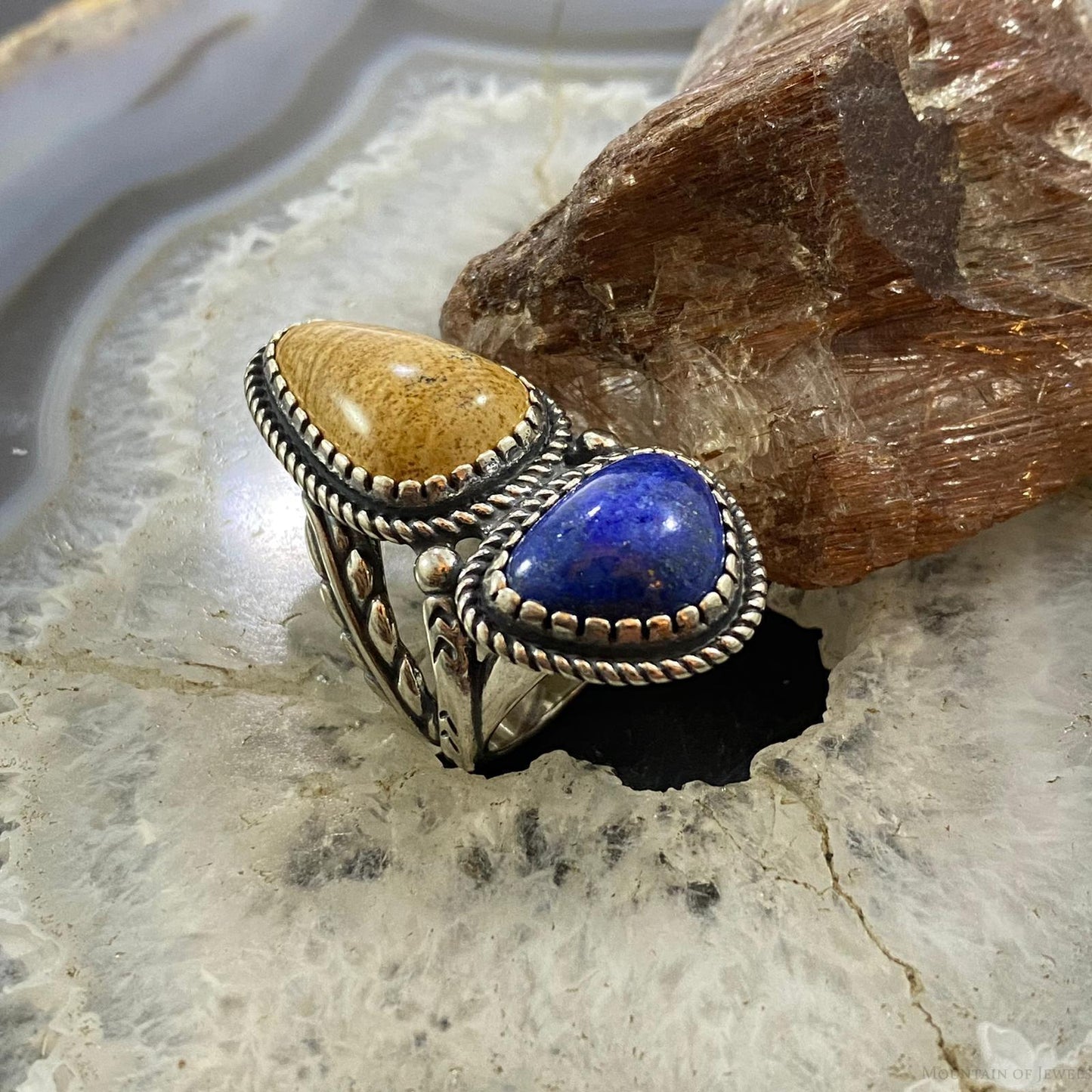 Carolyn Pollack Southwestern Style Sterling Silver Picture Jasper/Lapis Decorated Ring For Women