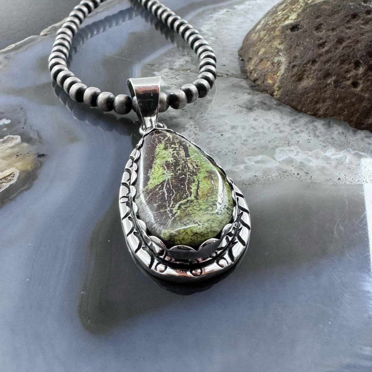 Native American Sterling Silver Teardrop Gaspeite Decorated Pendant For Women