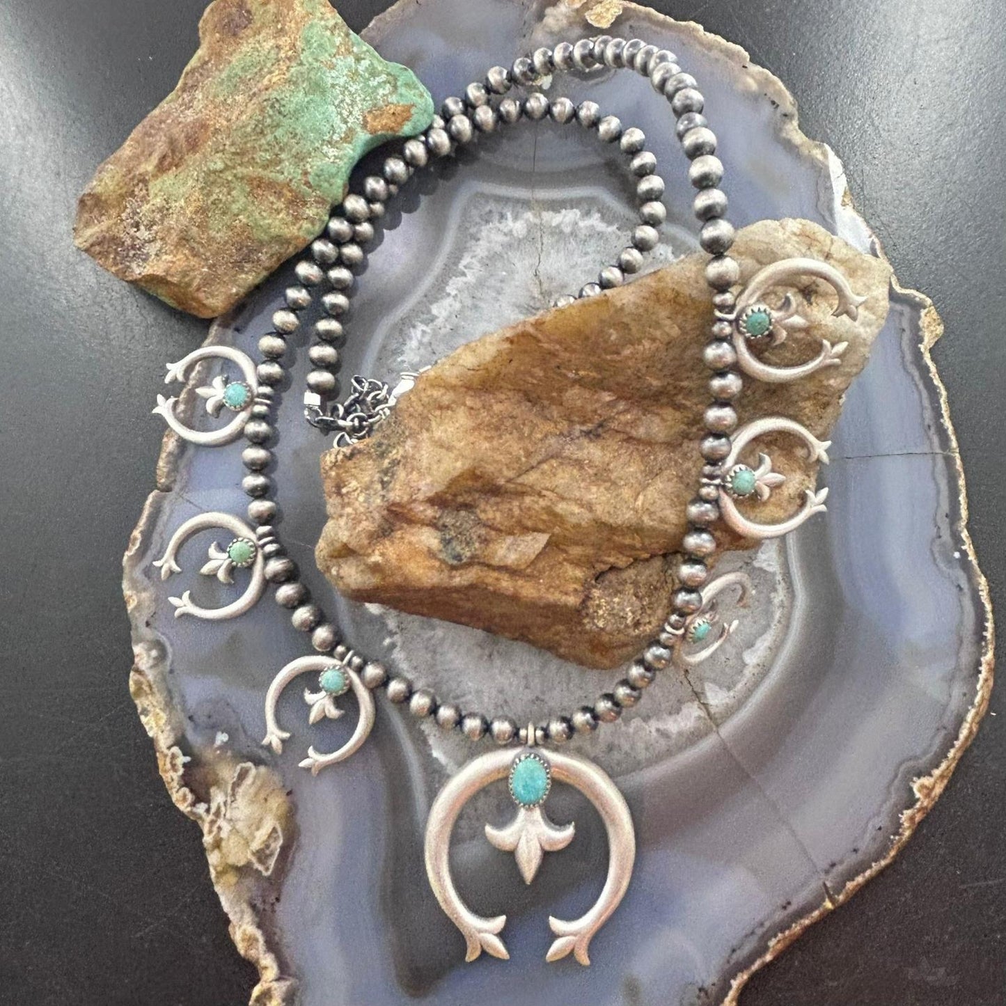 Sterling Silver Southwestern Style 6 Small Naja & Large Naja Squash Blossom Necklace For Women