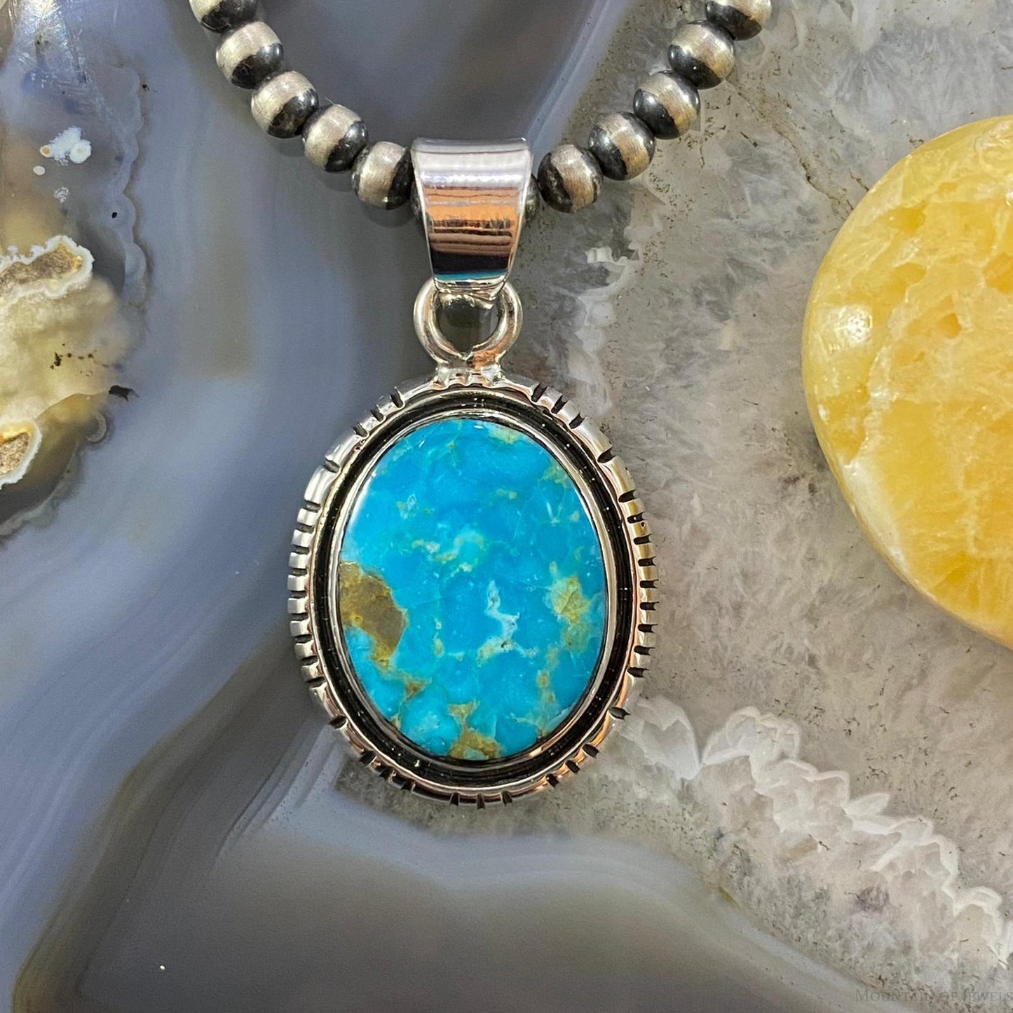 Native American Sterling Silver Blue Ridge Turquoise Oval Pendant For Women