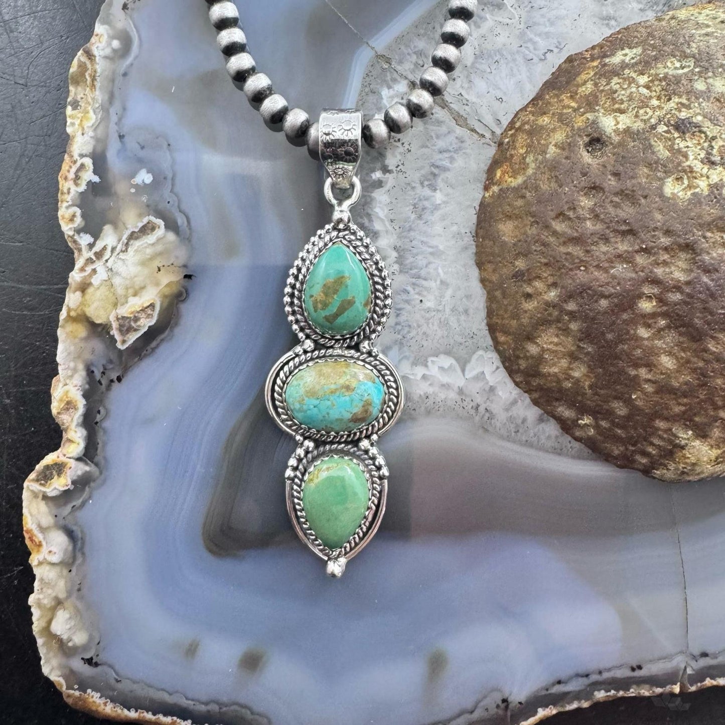 Sterling Silver Southwestern Style 3 Turquoise Decorated Pendant For Women