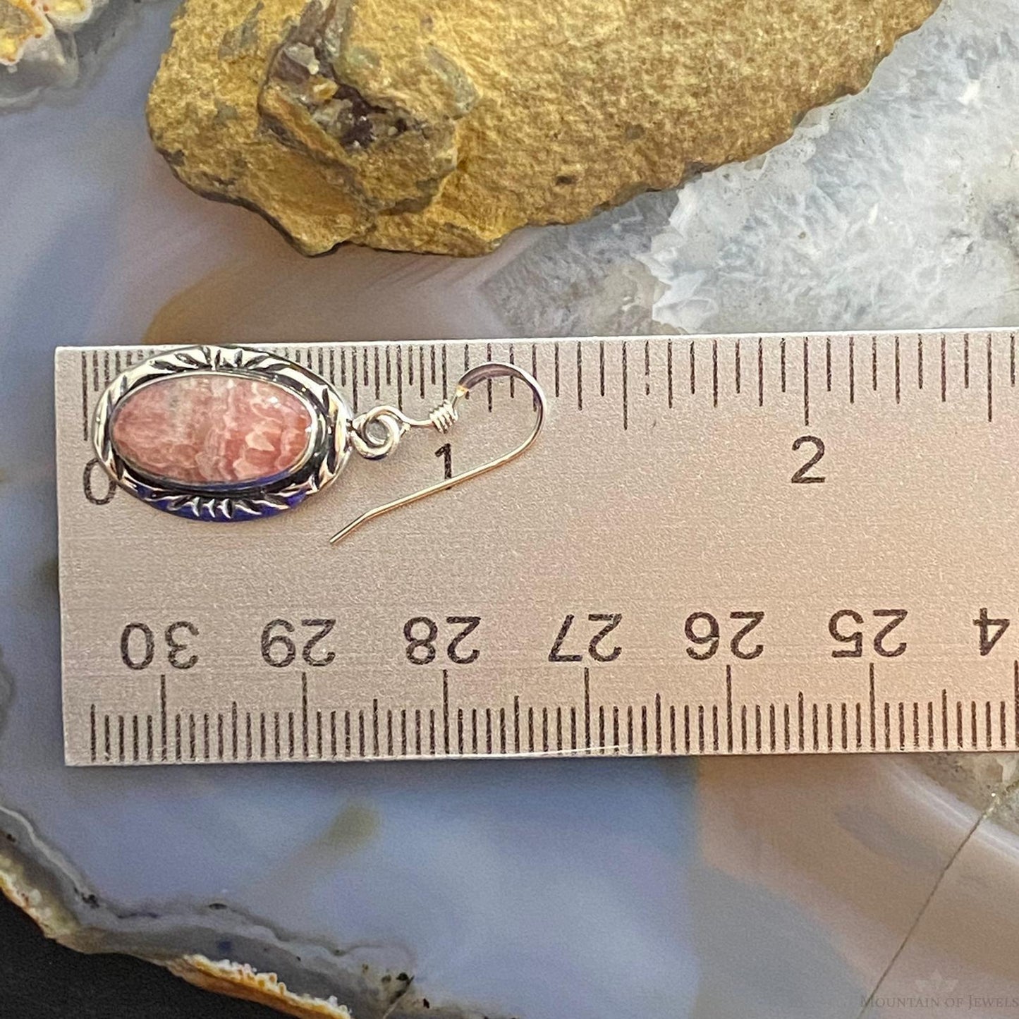 Native American Sterling Silver Oval Rhodochrosite Dangle Earrings For Women
