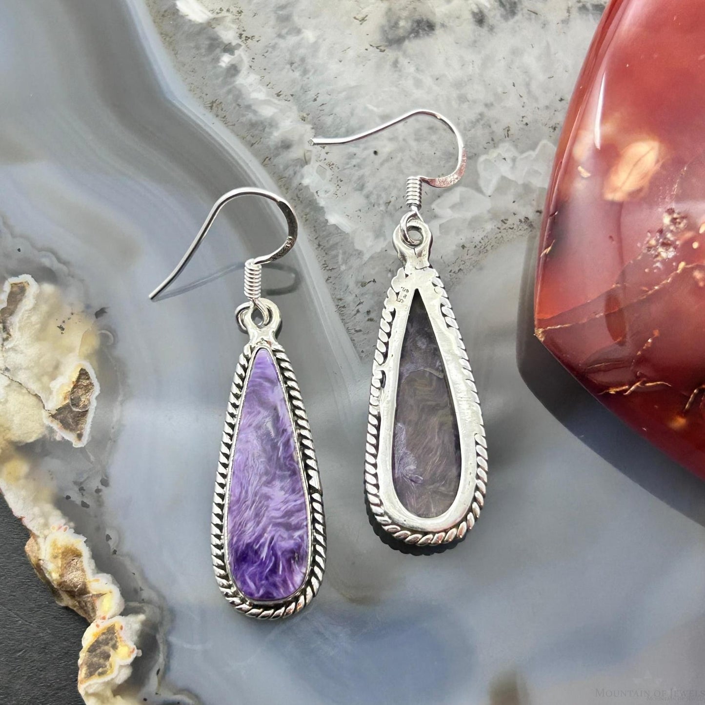 Sterling Silver Southwestern Style Teardrop Charoite Dangle Earrings For Women