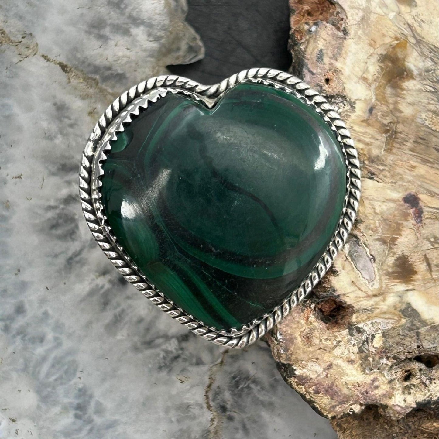 Sterling Silver Southwestern Style Malachite Heart Shape Ring Size 7 For Women