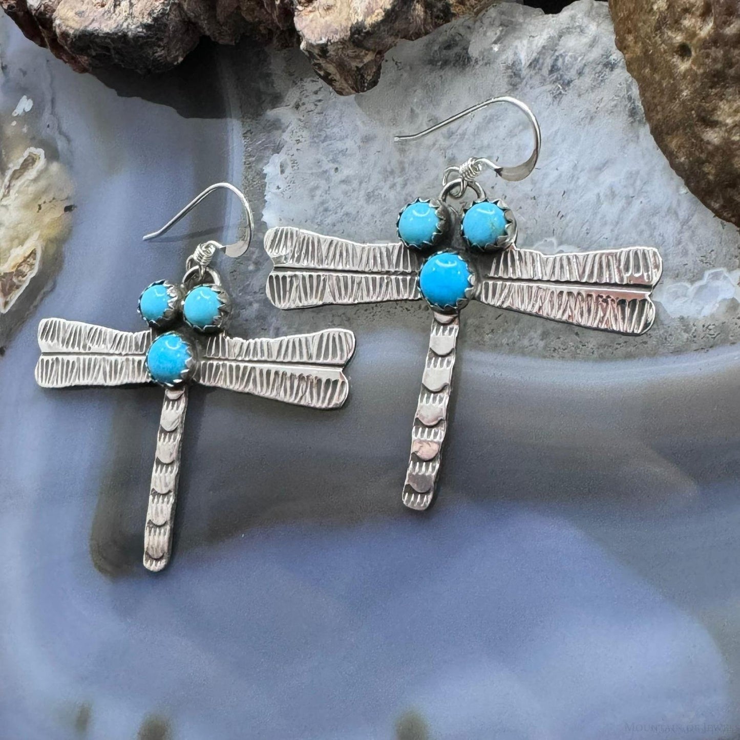 Brad Panteah Sterling Silver Dragonfly w/3 Turquoise Dangle Earrings For Women
