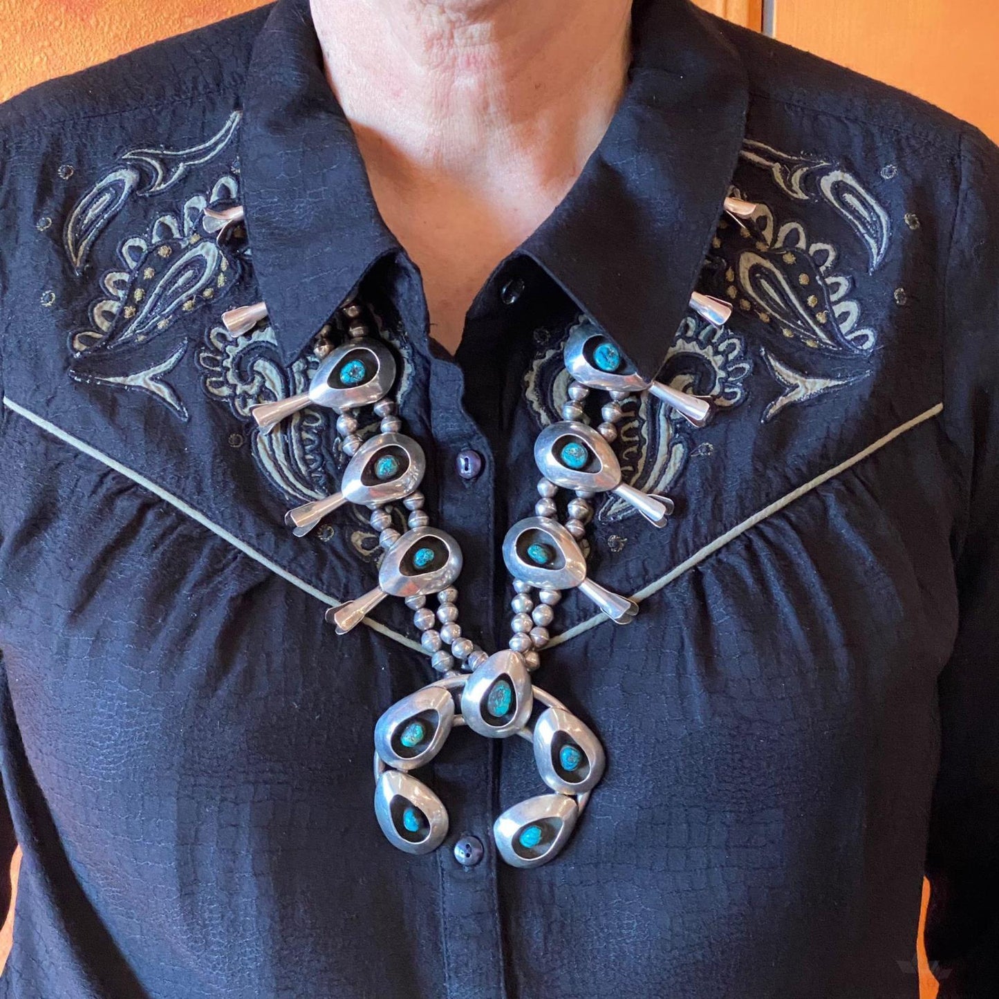 Native American Silver Shadow Box Turquoise Squash Blossom Necklace 31"