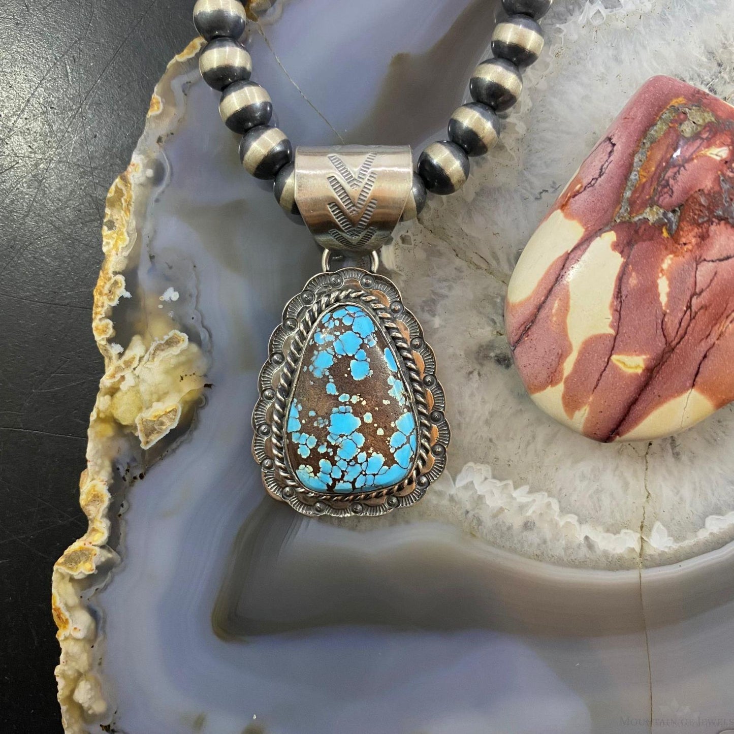 Gilbert Platero Sterling Teardrop Kingman Spiderweb Turquoise Decorated Pendant