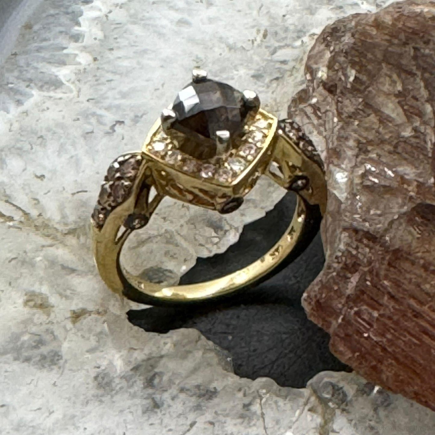Le Vian 14K Yellow Gold Ring with Cushion Cabochon Smoky Quartz and Diamonds