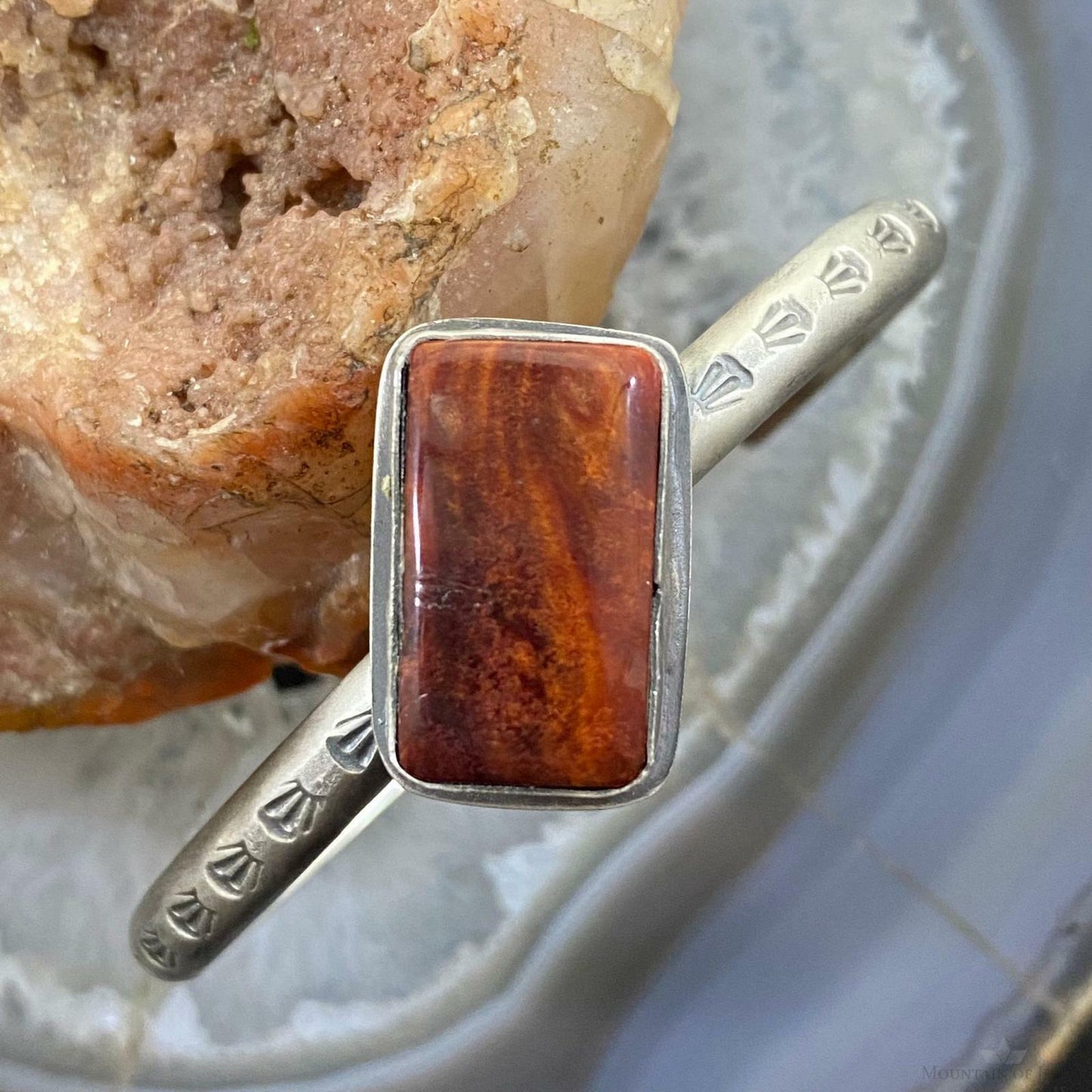 Native American Sterling Silver Rectangle Spiny Oyster Slim Bracelet For Women